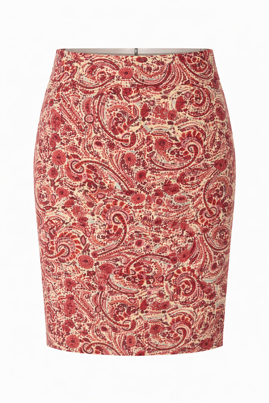LOFT Paisley Pencil Skirt Red Cream Stretch Cotton Blend Back Zip Career 8